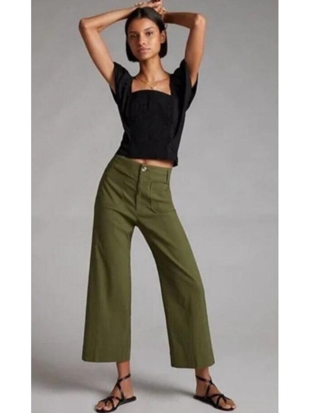 Maeve by Anthropologie The Colette Linen Cropped High-Rise Wide-Leg Green Pant